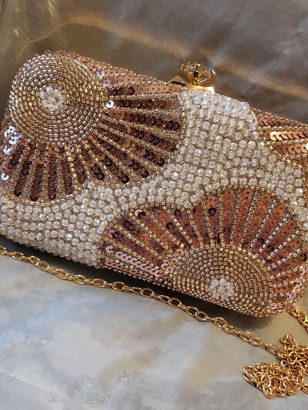 Sincerely Jules Gold and rosegold Beaded Evening Clutch with Chain
